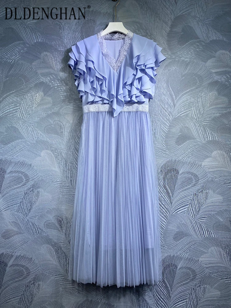 DLDENGHAN Spring Summer Long Dress Women V-Neck Flying Sleeve Ruffled Mesh Patchwork Vintage Pleated Dress Fashion Designer New
DLDENGHAN Spring Summer Long Dress Women V-Neck Flying Sleeve Ruffled Mesh Patchwork Vintage Pleated Dress Fashion Designer New