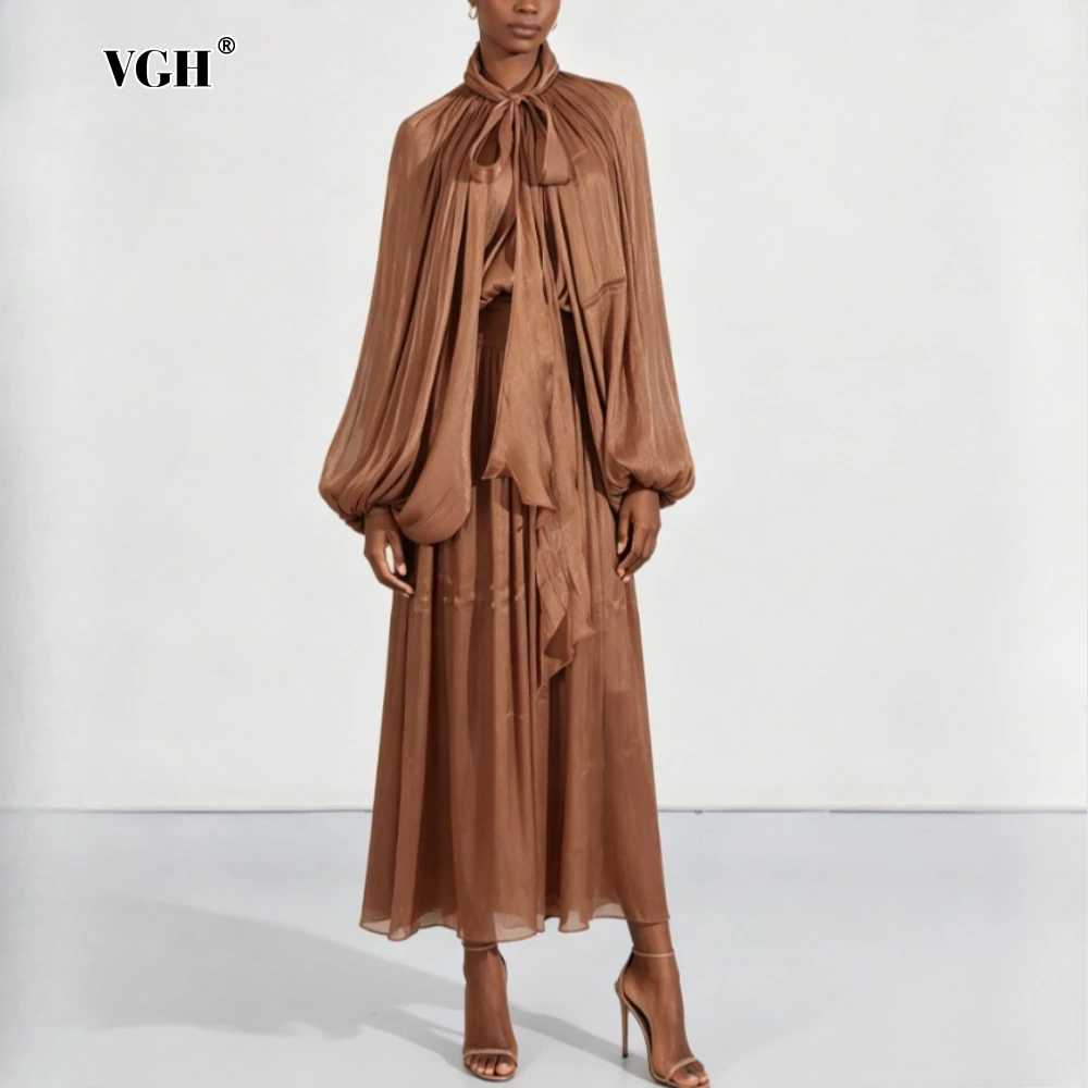 VGH Solid Loose Spliced Lace Up Dresses for Women Stand Collar Long Sleeve Gentle Temperament Dress Female Summer Fashion Style
VGH Solid Loose Spliced Lace Up Dresses for Women Stand Collar Long Sleeve Gentle Temperament Dress Female Summer Fashion Style