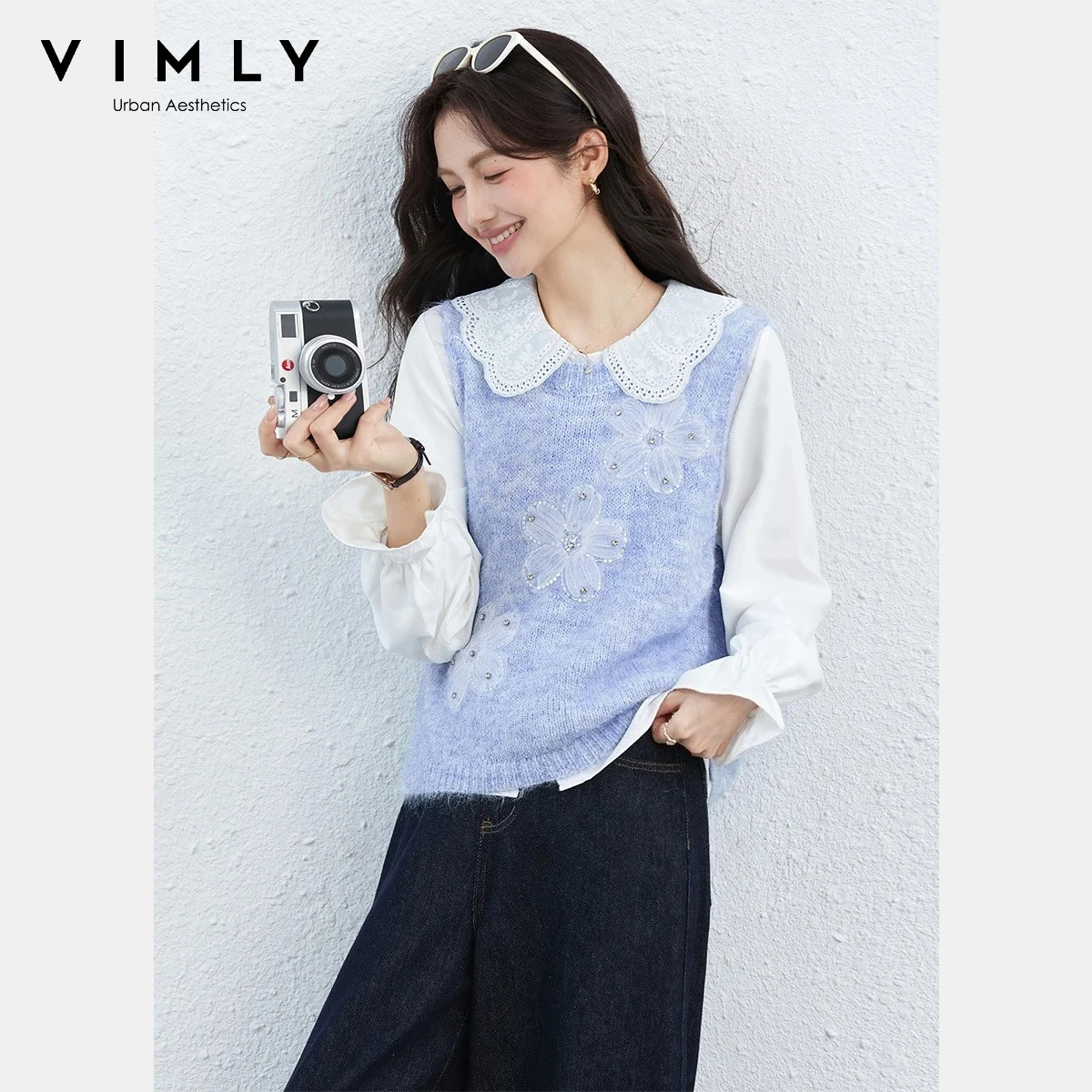 VIMLY Women's Commute Suit 2026 Spring New Lace Peter Pan Collar Shirt Floral Knit Vest Casual 2 pieces set for woman 30802
VIMLY Women's Commute Suit 2026 Spring New Lace Peter Pan Collar Shirt Floral Knit Vest Casual 2 pieces set for woman 30802