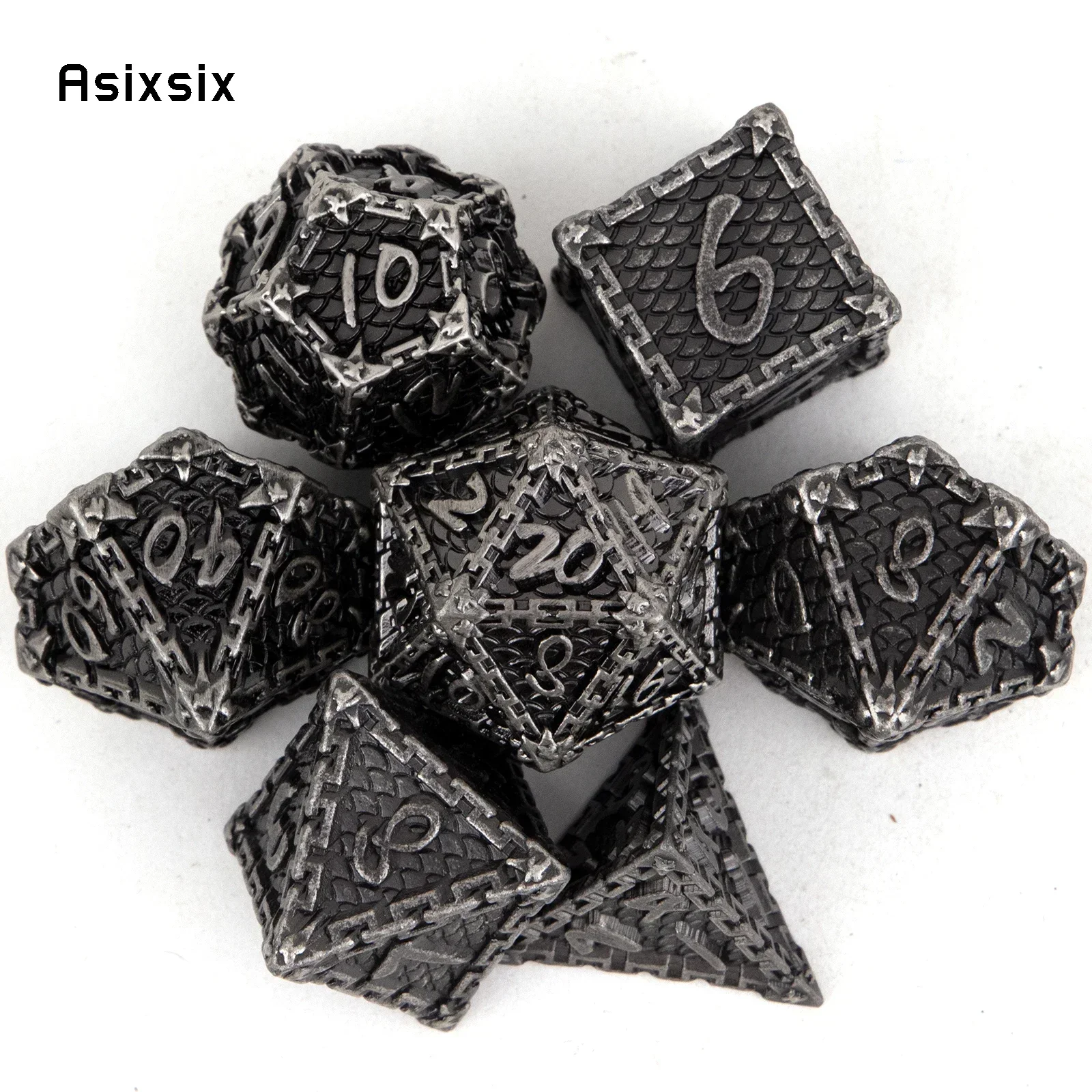 7 Pcs Silver Fish Scale Metal Dice Solid Metal Polyhedral Dice Set Suitable For Role-Playing Game
7 Pcs Silver Fish Scale Metal Dice Solid Metal Polyhedral Dice Set Suitable For Role-Playing Game