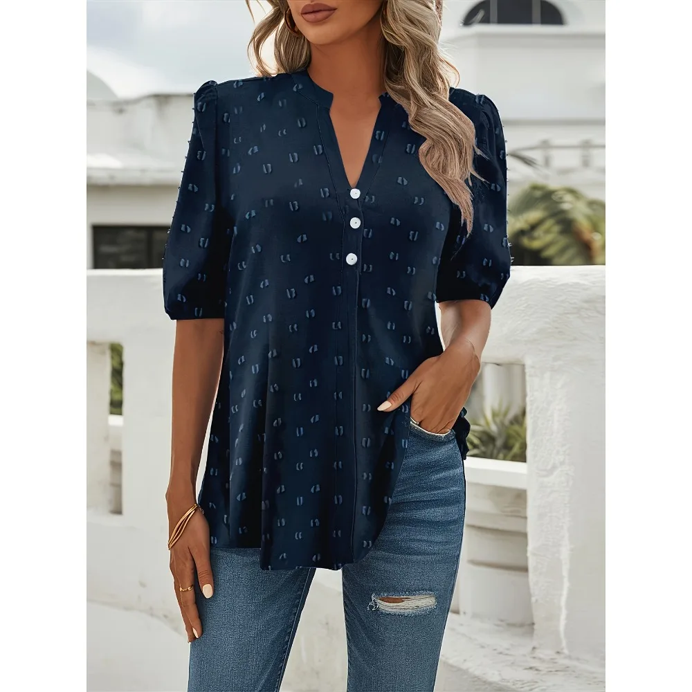 Плюс размер 0XL-5XL, блузка в швейцарский горошек с вырезом и пуговицами, женская повседневная свободная и простая рубашка с короткими рукавами
Плюс размер 0XL-5XL, блузка в швейцарский горошек с вырезом и пуговицами, женская повседневная свободная и простая рубашка с короткими рукавами