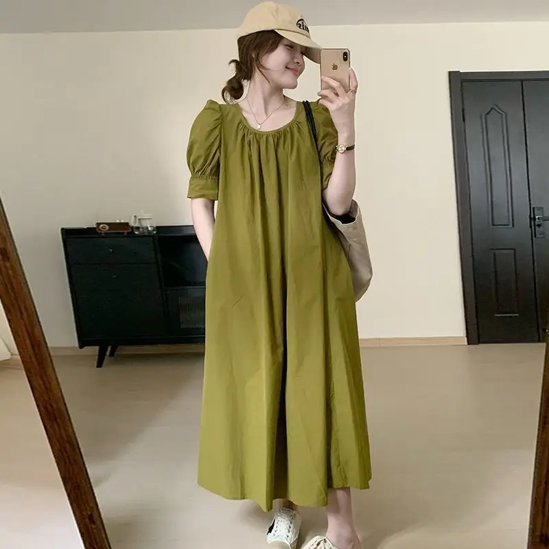 Simple Olive Green Puff Sleeve Dress With Empire Waist And A Line Silhouette For Casual Spring Summer Wear
Simple Olive Green Puff Sleeve Dress With Empire Waist And A Line Silhouette For Casual Spring Summer Wear