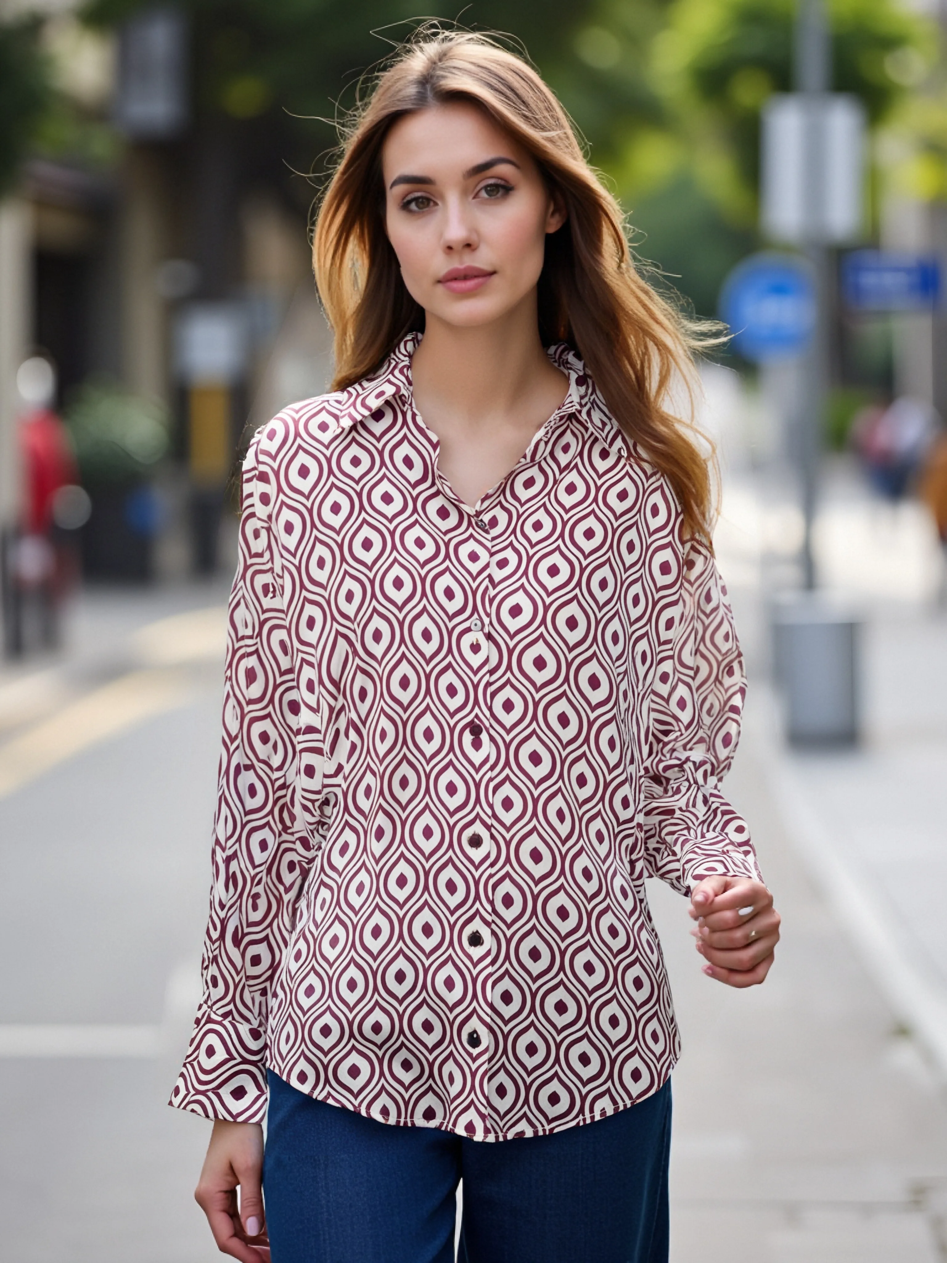 PB&ZA Womens Long Sleeve Shirt with Collar Geometric Pattern Design Button Front Style for Versatile and Fashionable Wear
PB&ZA Womens Long Sleeve Shirt with Collar Geometric Pattern Design Button Front Style for Versatile and Fashionable Wear