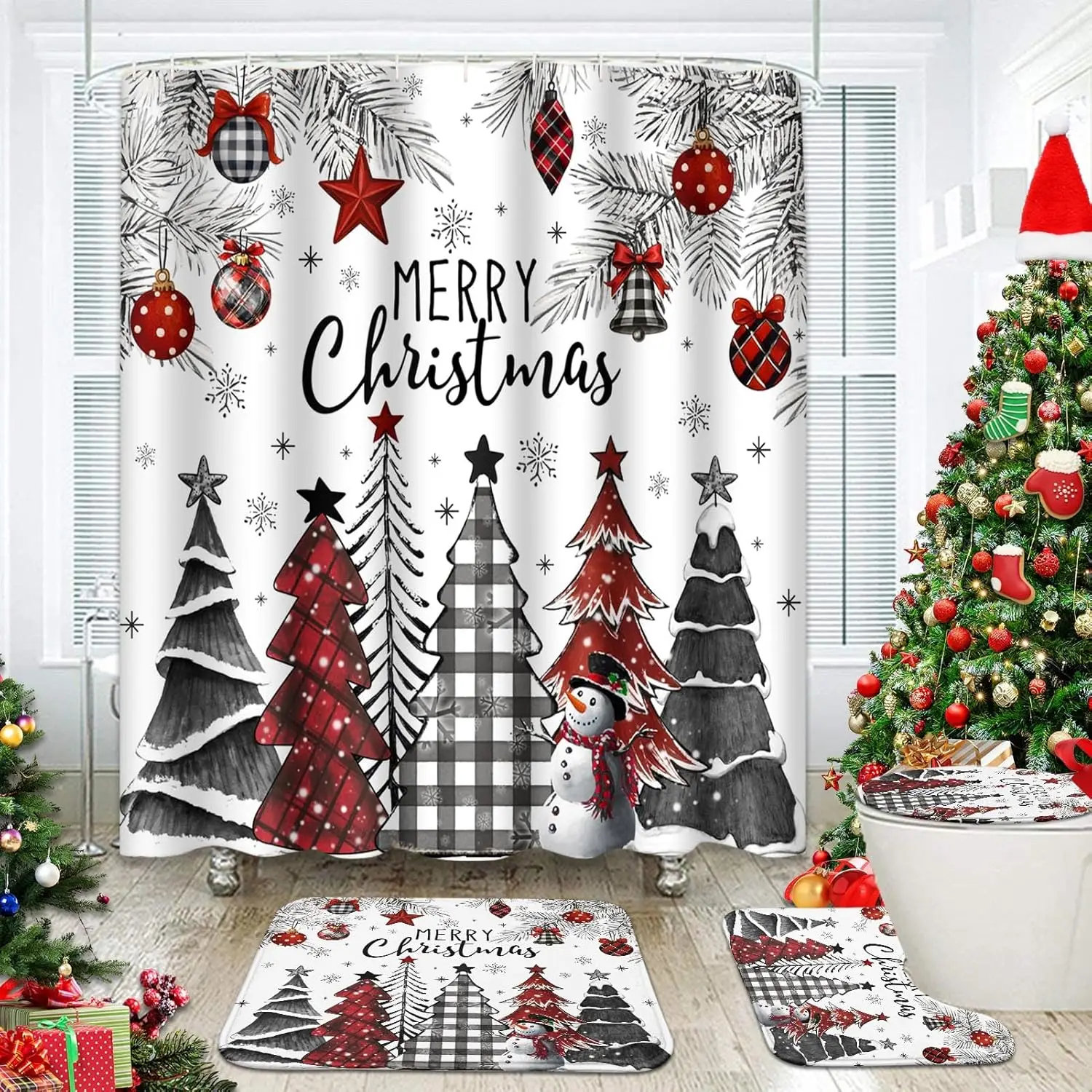 4 Piece Christmas Shower Curtain Sets,Vintage Plaid Trees Snowman Pine Branches Xmas Balls with Non-Slip Rugs, Toilet Lid Cover
4 Piece Christmas Shower Curtain Sets,Vintage Plaid Trees Snowman Pine Branches Xmas Balls with Non-Slip Rugs, Toilet Lid Cover