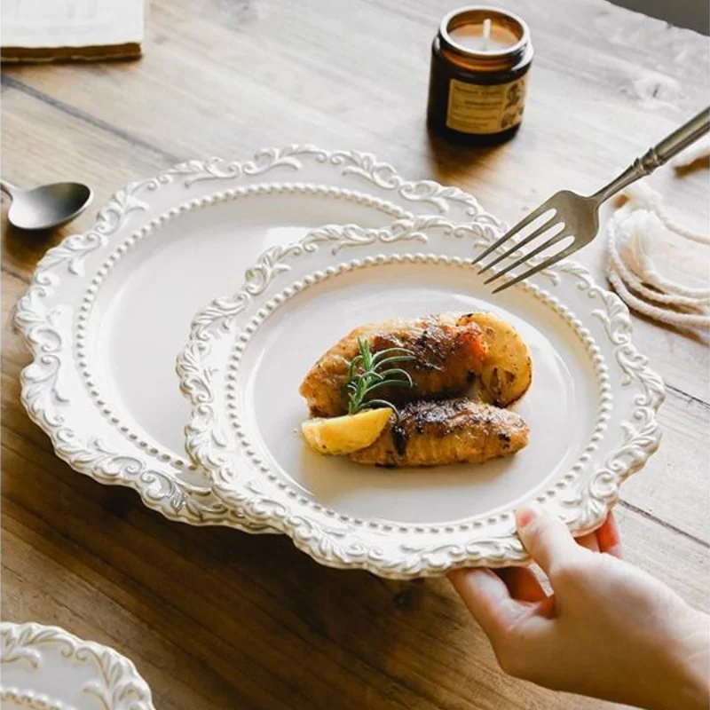 French Baroque Vintage Embossed Court Style Ceramic Dinner Plate European Style Tableware Western Food Bowl Plate suit
French Baroque Vintage Embossed Court Style Ceramic Dinner Plate European Style Tableware Western Food Bowl Plate suit