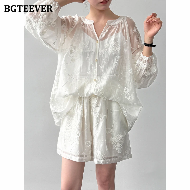 BGTEEVER Hollow-out Embroidered Shirt and Casual Shorts Women Two-piece Set Summer
BGTEEVER Hollow-out Embroidered Shirt and Casual Shorts Women Two-piece Set Summer