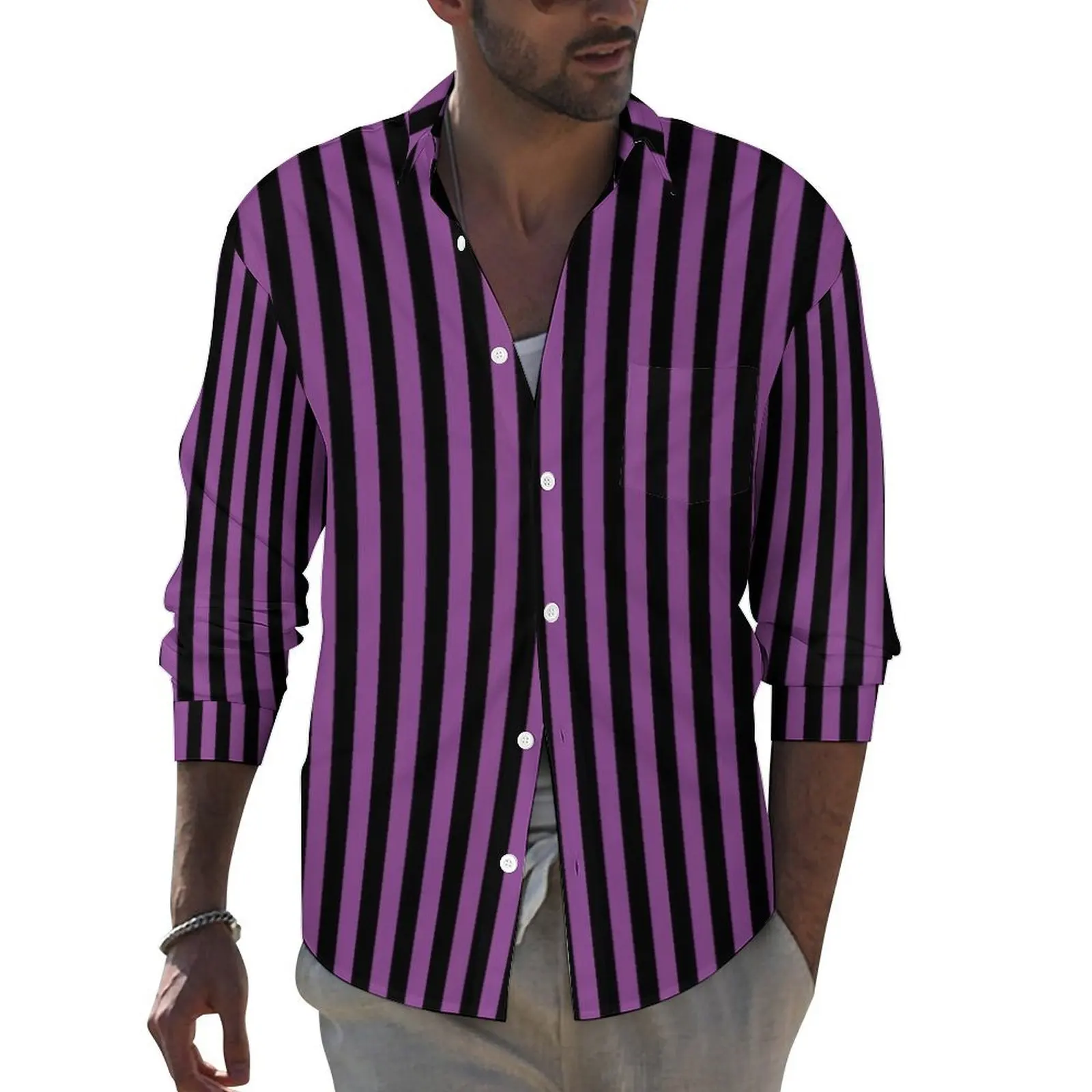 Vertical Striped Halloween Shirt Spring Purple Black Lines Casual Shirts Male Fashion Blouses Long Sleeve Graphic Clothing
Vertical Striped Halloween Shirt Spring Purple Black Lines Casual Shirts Male Fashion Blouses Long Sleeve Graphic Clothing