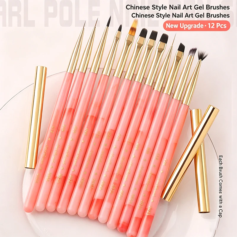 12Pcs Pink Inlaid Jade Handle Nail Art Brush Set Soft Bristle With Gold Caps UV Gel Liner Gradient Flower Salon Manicure Tools
12Pcs Pink Inlaid Jade Handle Nail Art Brush Set Soft Bristle With Gold Caps UV Gel Liner Gradient Flower Salon Manicure Tools