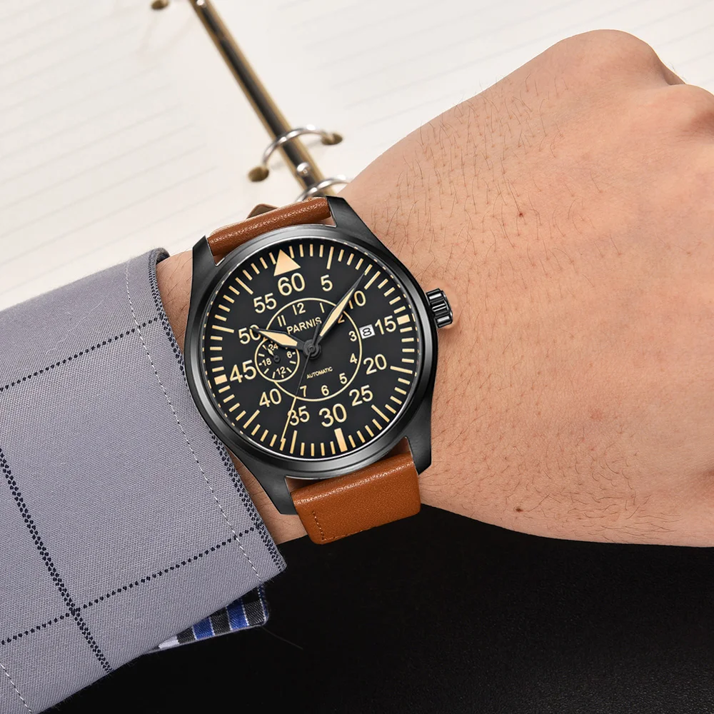 Fashion Parnis 44mm Black Dial Mechanical Automatic Men Watches Sapphire Crystal Leather Strap Sports Watch reloj hombre Clock
Fashion Parnis 44mm Black Dial Mechanical Automatic Men Watches Sapphire Crystal Leather Strap Sports Watch reloj hombre Clock
