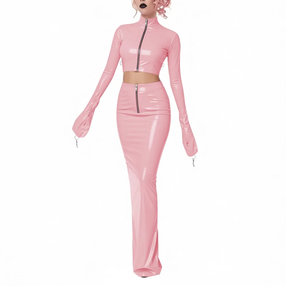 Exotic Shiny Latex-look 2-Piece Set PVC Leather Zipper Full Sleeve Crop Jacket High-Waisted Maxi Skirt Womens Club Party Outfit
Exotic Shiny Latex-look 2-Piece Set PVC Leather Zipper Full Sleeve Crop Jacket High-Waisted Maxi Skirt Womens Club Party Outfit