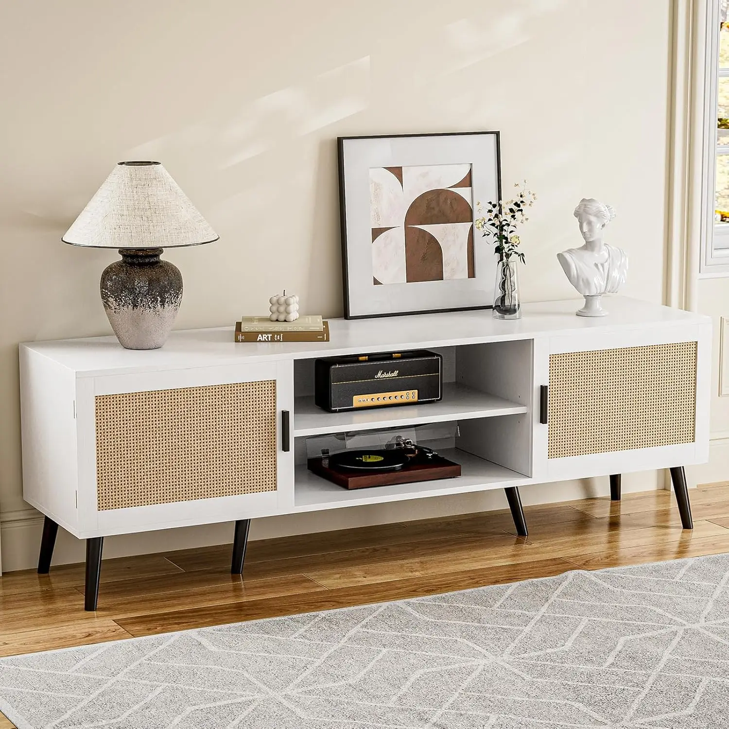 TV Stand for TVs up to 65'', Mid Century Modern Entertainment Center with Rattan Door, Shelves 2 Cabinets, Boho Media TV Console
TV Stand for TVs up to 65'', Mid Century Modern Entertainment Center with Rattan Door, Shelves 2 Cabinets, Boho Media TV Console