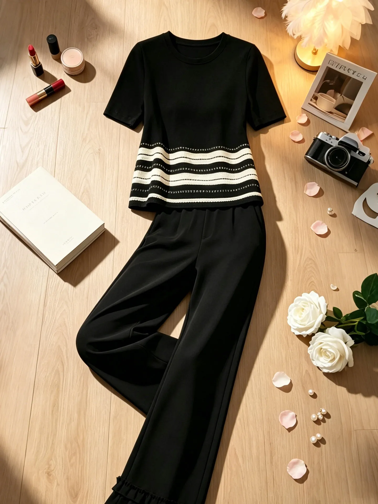 Stunning Summer Fashion Set Beautiful Casual Pants Breathable High Waist Striped T-Shirt round Neck Short Sleeve Women's Ense...
Stunning Summer Fashion Set Beautiful Casual Pants Breathable High Waist Striped T-Shirt round Neck Short Sleeve Women's Ense...