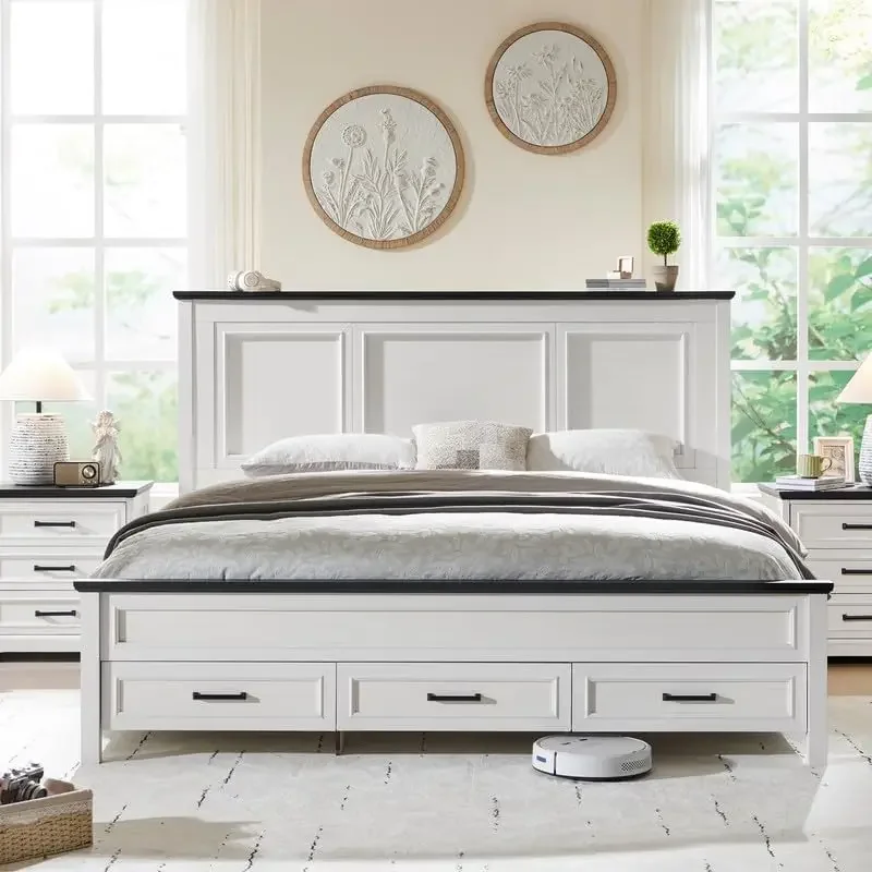 Farmhouse King Size Bed Frame with 52" Tall Full-Panel Headboard, Wood Platform Bedframe with Footboard and Storage Drawers
Farmhouse King Size Bed Frame with 52" Tall Full-Panel Headboard, Wood Platform Bedframe with Footboard and Storage Drawers