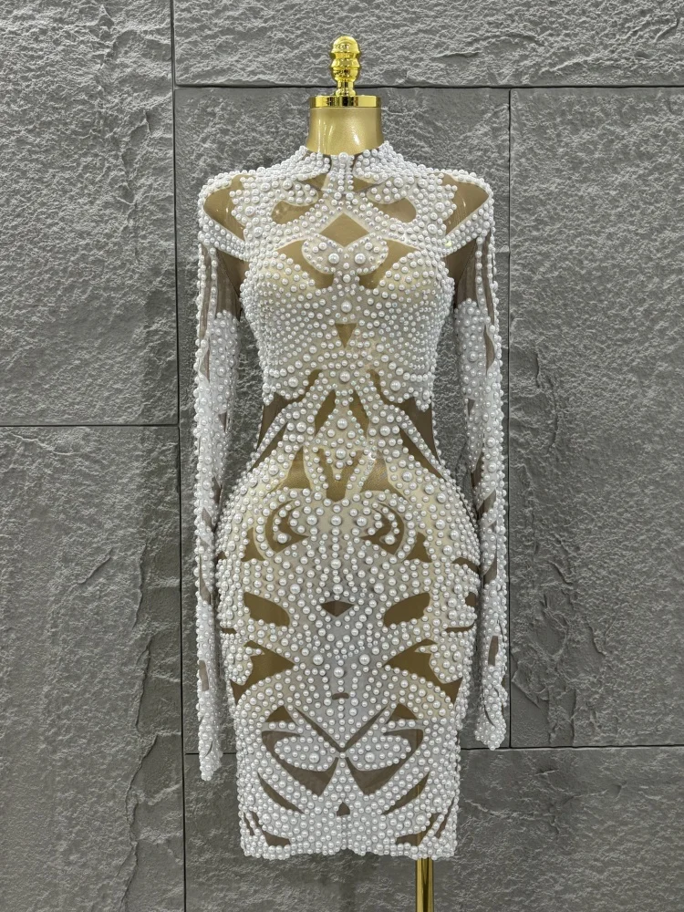 High-end Elegant Evening Gown AB Rhinestones White Pearls Luxury Long Sleeves Mesh Dress Cocktail party Wedding Costume
High-end Elegant Evening Gown AB Rhinestones White Pearls Luxury Long Sleeves Mesh Dress Cocktail party Wedding Costume