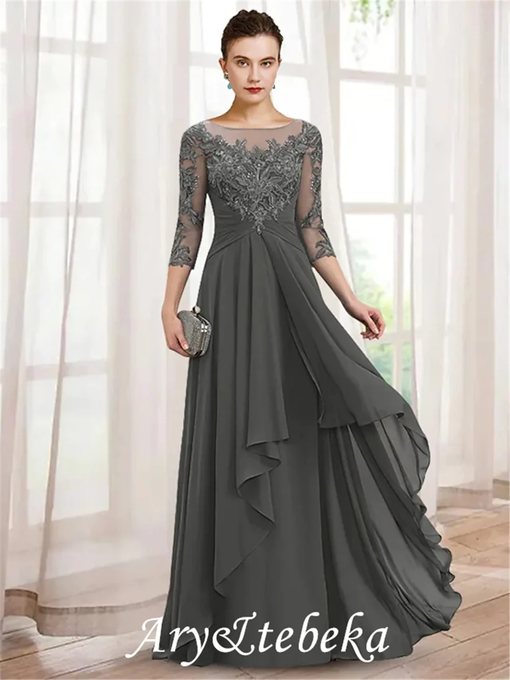 A-Line Mother of the Bride Dress Elegant Jewel Neck Floor Length Chiffon Lace 3/4 Length Sleeve with Ruffles Appliques
A-Line Mother of the Bride Dress Elegant Jewel Neck Floor Length Chiffon Lace 3/4 Length Sleeve with Ruffles Appliques