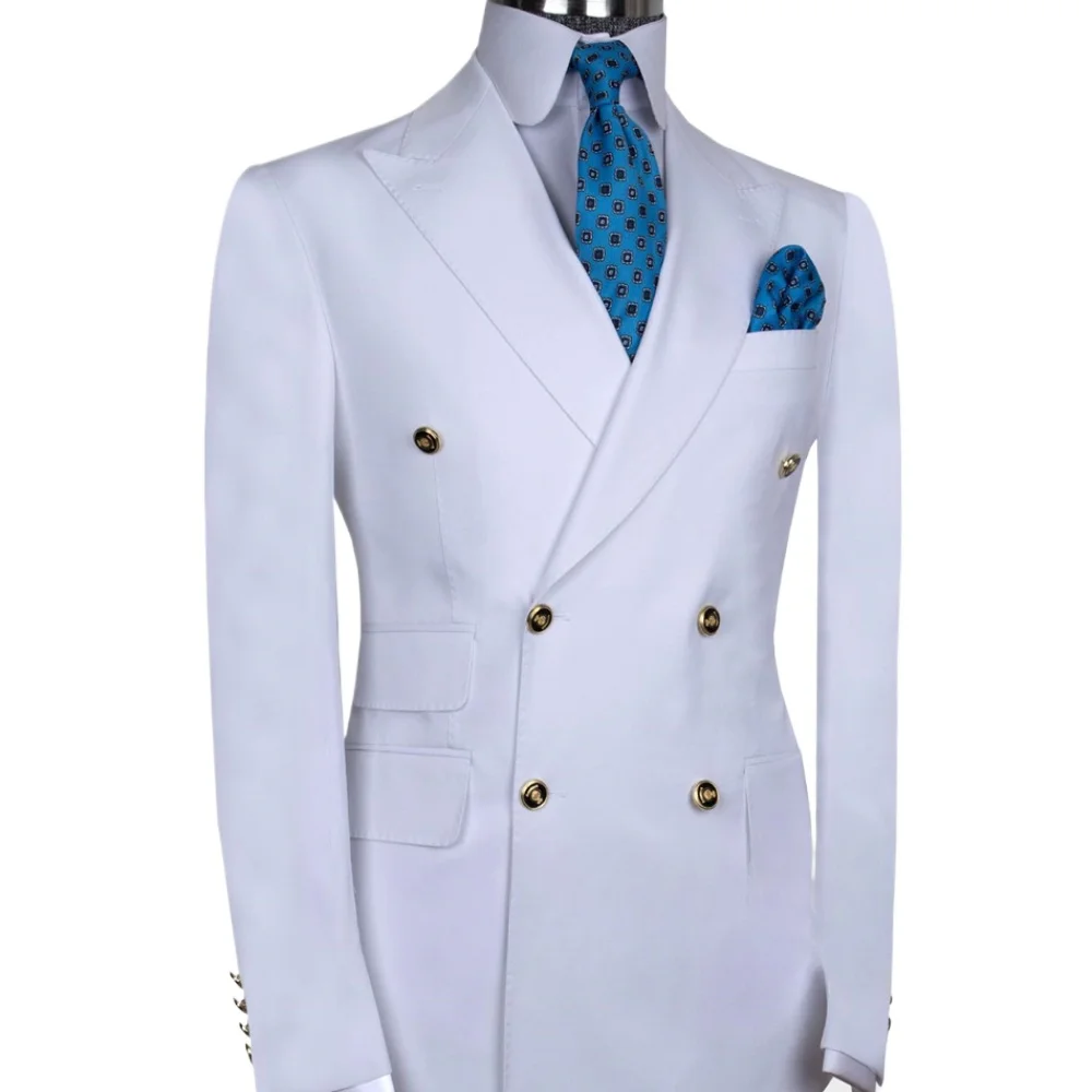 Classic Double Breasted Gold Button White Wedding Groom Tuxedo 2pcs Blazer Pants Blue Formal Party Dinner costume homme italien
Classic Double Breasted Gold Button White Wedding Groom Tuxedo 2pcs Blazer Pants Blue Formal Party Dinner costume homme italien