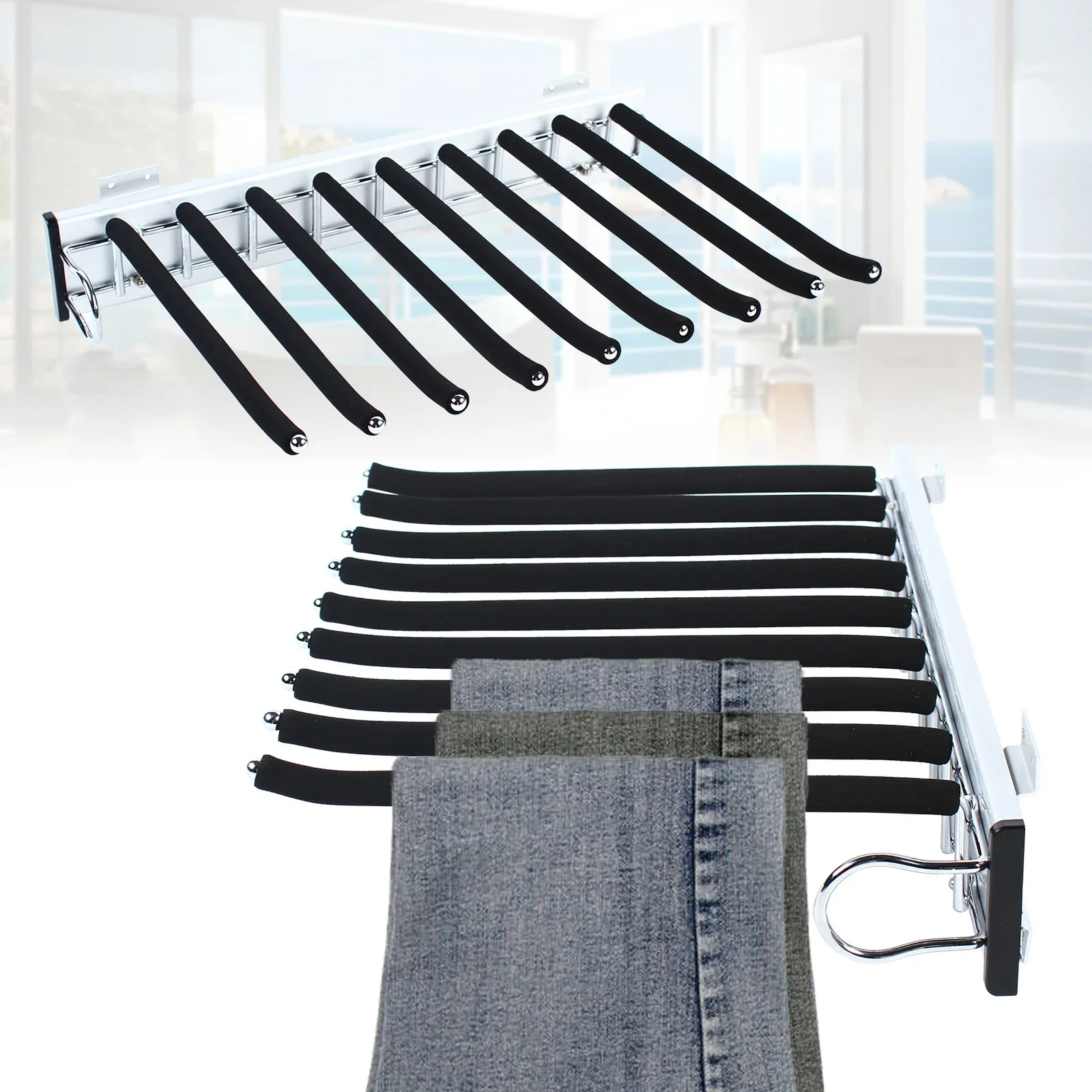 Pull Out Trouser Rack Closet Pants Hanger 9 Arms Slide Out Pants Storage Holder(Left/Right Installation)
Pull Out Trouser Rack Closet Pants Hanger 9 Arms Slide Out Pants Storage Holder(Left/Right Installation)