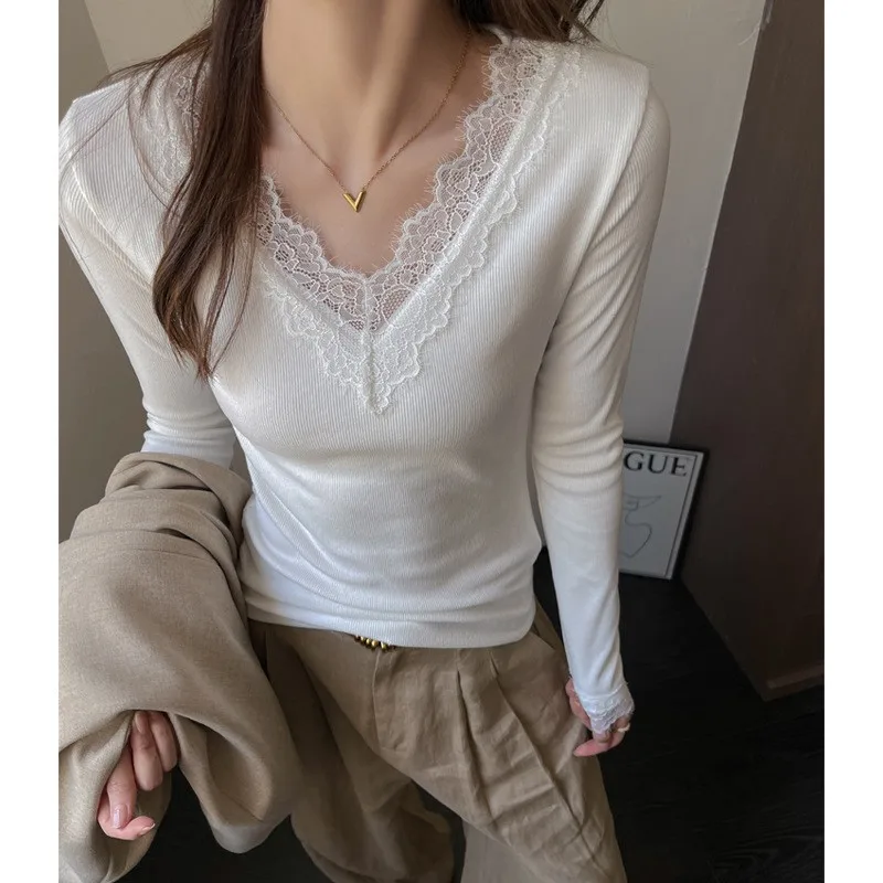 Women's Thermal Blouse V Neck Slim Fit Ribbed Knit T Shirts Lace Trim Top Sheer Cropped Long Sleeve Layering Korean Style
Women's Thermal Blouse V Neck Slim Fit Ribbed Knit T Shirts Lace Trim Top Sheer Cropped Long Sleeve Layering Korean Style