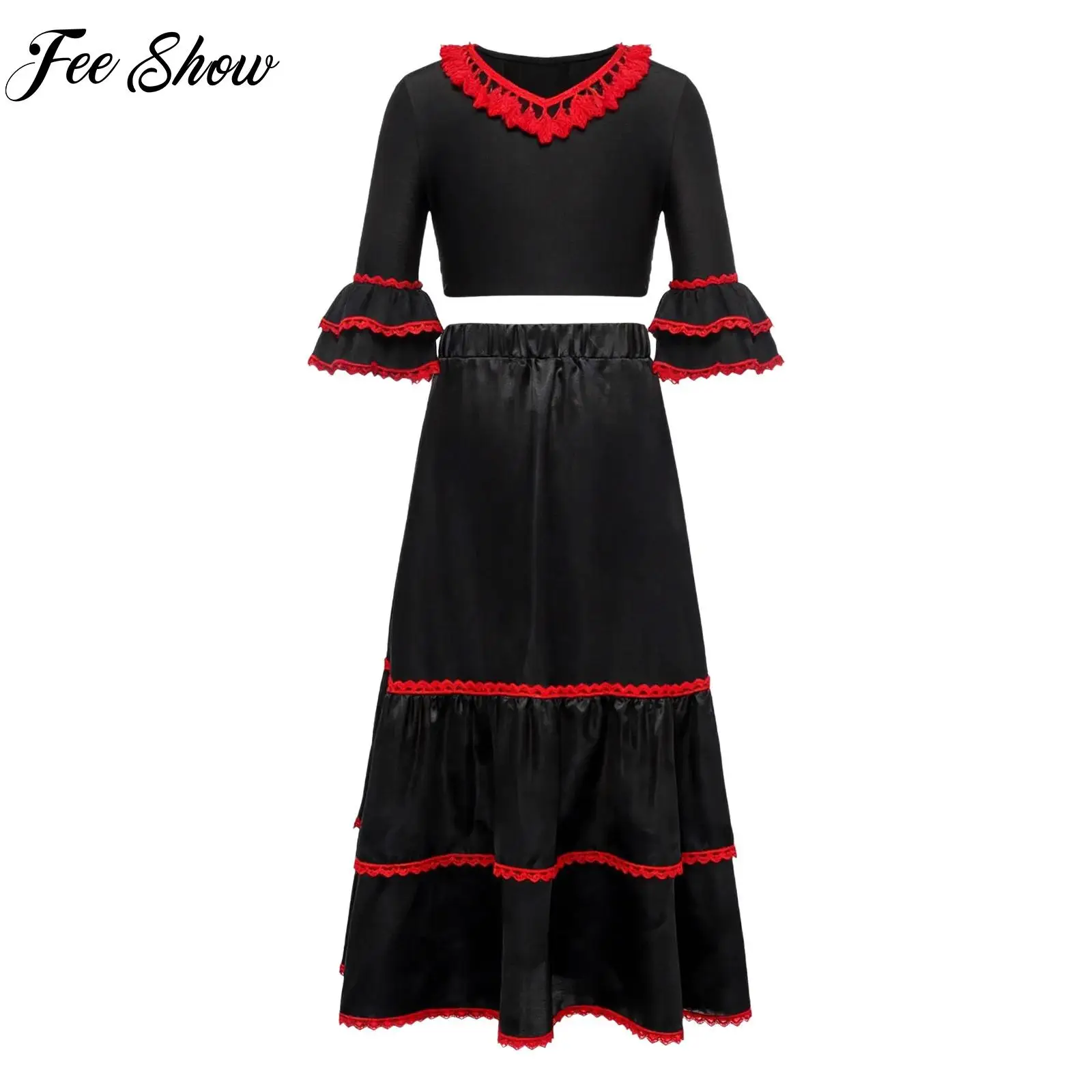 Teen Girls Flamenco Dance Outfit Kids Gypsy Spanish Performance Dance Wear Tassel Half Sleeves Crop Top+Skirt Set for Stage Show
Teen Girls Flamenco Dance Outfit Kids Gypsy Spanish Performance Dance Wear Tassel Half Sleeves Crop Top+Skirt Set for Stage Show