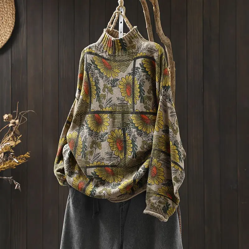 Autumn Winter Fashion Women's Cotton Yarn Knit Sweater Good Quality Half-turtle Neck Long Sleeve Vintage Printed Casual Knitwear
Autumn Winter Fashion Women's Cotton Yarn Knit Sweater Good Quality Half-turtle Neck Long Sleeve Vintage Printed Casual Knitwear