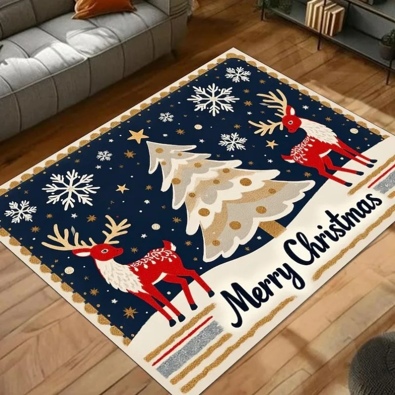 Navy Blue Christmas Rug with Red Reindeer and Tree Design, Festive Holiday Carpet with Snowflakes for Living Room Decor 
Navy Blue Christmas Rug with Red Reindeer and Tree Design, Festive Holiday Carpet with Snowflakes for Living Room Decor