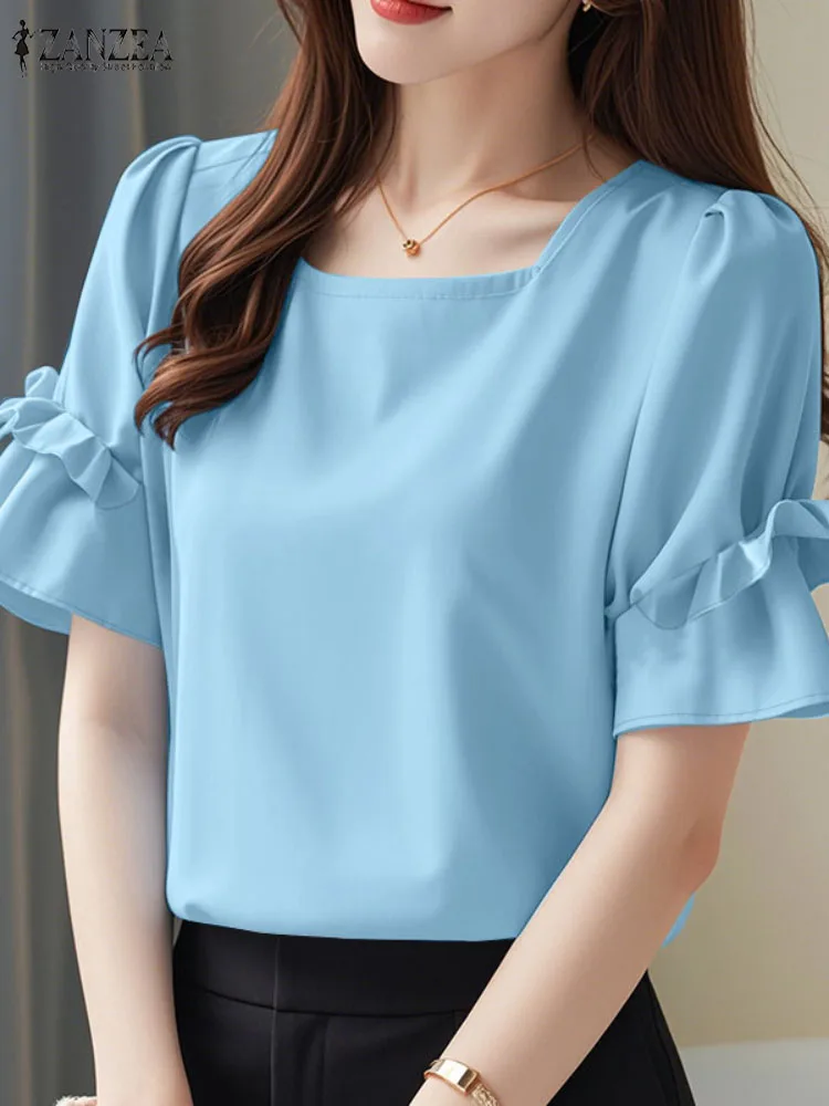 ZANZEA, летние офисные рубашки с квадратным вырезом и короткими рукавами, женские блузки 2025, элегантные однотонные рабочие OL Blusas, женская сорочка-туника, топы 
ZANZEA, летние офисные рубашки с квадратным вырезом и короткими рукавами, женские блузки 2025, элегантные однотонные рабочие OL Blusas, женская сорочка-туника, топы