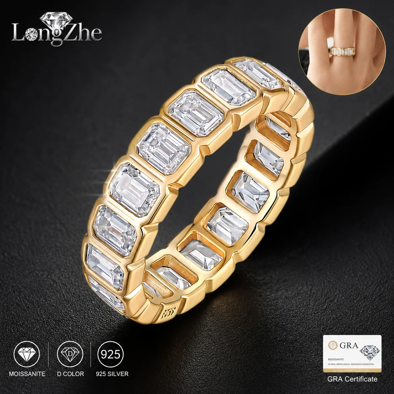 925 Sterling Silver Moissanite Ring 17 Stone Eternity and 5 Stone Emerald Cut Gold Tone for Women Anniversary Wedding Gift
925 Sterling Silver Moissanite Ring 17 Stone Eternity and 5 Stone Emerald Cut Gold Tone for Women Anniversary Wedding Gift
