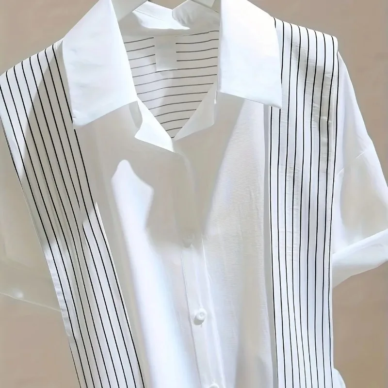 Женская рубашка с коротким рукавом, в полоску, с отложным воротником, на пуговицах, для повседневной носки
Женская рубашка с коротким рукавом, в полоску, с отложным воротником, на пуговицах, для повседневной носки