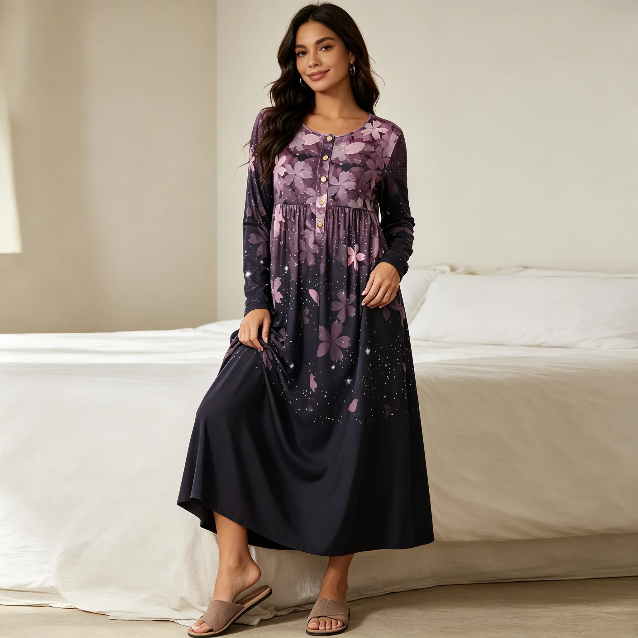 Women Long Sleeve Floral Nightgown Gradient Cherry Blossom Star Print Maxi Sleep Dress Round Neck Button Loose A Line Casual Hom
Women Long Sleeve Floral Nightgown Gradient Cherry Blossom Star Print Maxi Sleep Dress Round Neck Button Loose A Line Casual Hom
