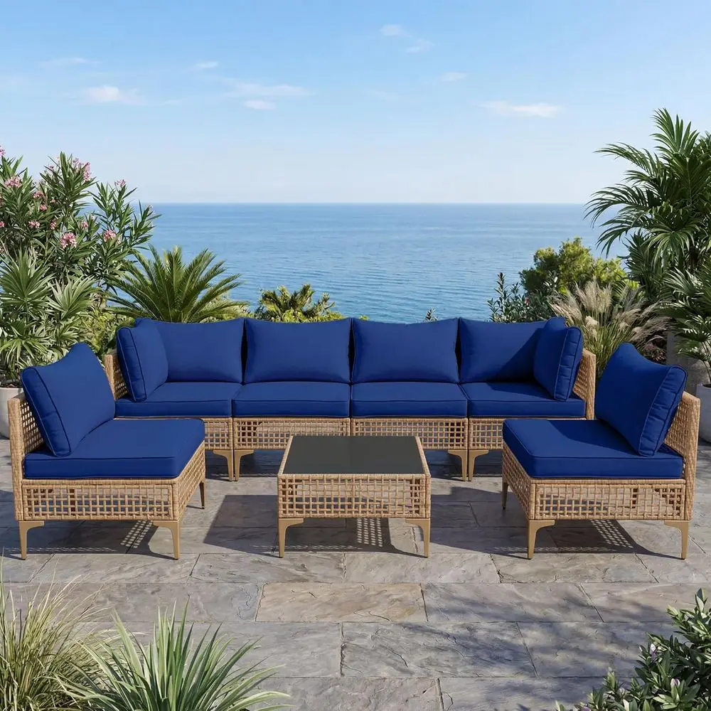 7-Piece Outdoor Patio Furniture Set with PE Rattan Wicker, Sectional Sofa, Waterproof Cushions, and Glass Coffee Table for Garde
7-Piece Outdoor Patio Furniture Set with PE Rattan Wicker, Sectional Sofa, Waterproof Cushions, and Glass Coffee Table for Garde