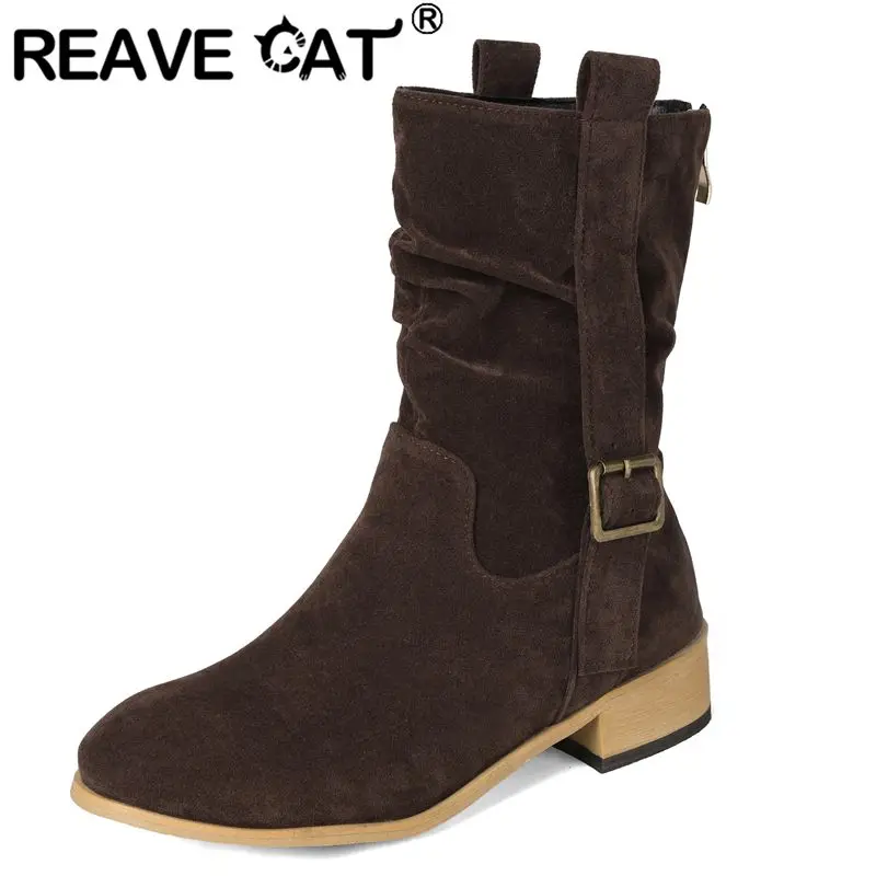 REAVE CAT Khaki Women Mid Calf Boots Flock Suede Back Zipper Belt Buckle 3.5cm Thick Sole Plus Size 46 47 48 Soft Dating Booties
REAVE CAT Khaki Women Mid Calf Boots Flock Suede Back Zipper Belt Buckle 3.5cm Thick Sole Plus Size 46 47 48 Soft Dating Booties