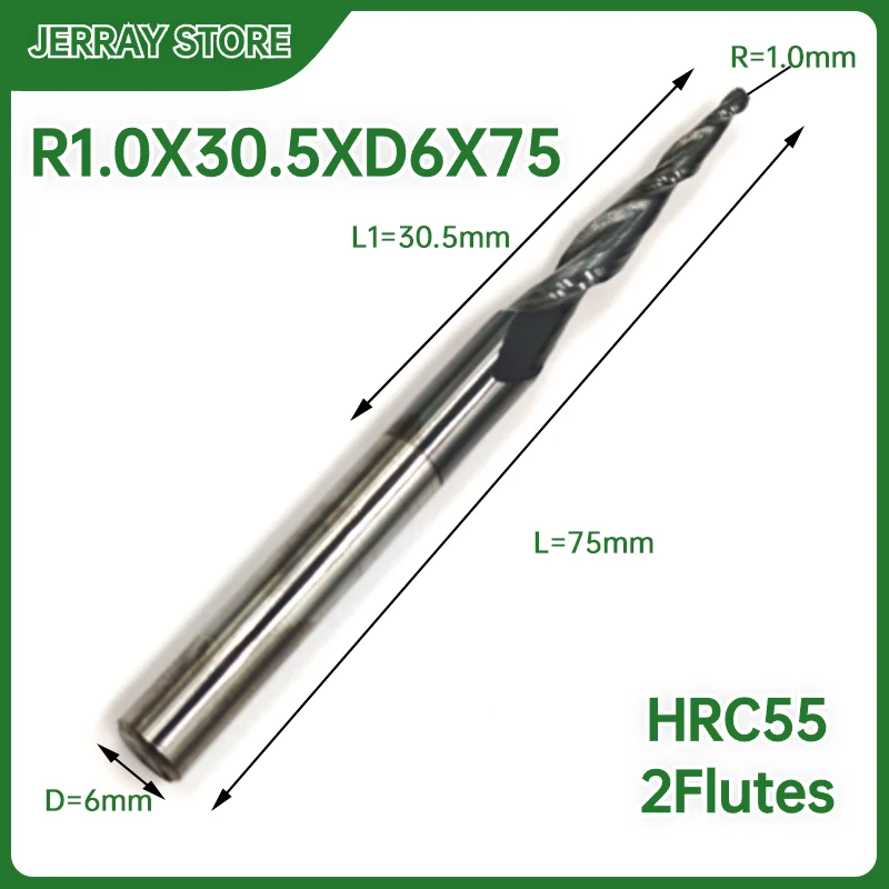 JERRAY R1.0*30.5*D6*75mm HRC55 2Flutes Tungsten solid carbide Tapered Ball Nose End Mills 2D 3D Engraving Milling Cutter
JERRAY R1.0*30.5*D6*75mm HRC55 2Flutes Tungsten solid carbide Tapered Ball Nose End Mills 2D 3D Engraving Milling Cutter