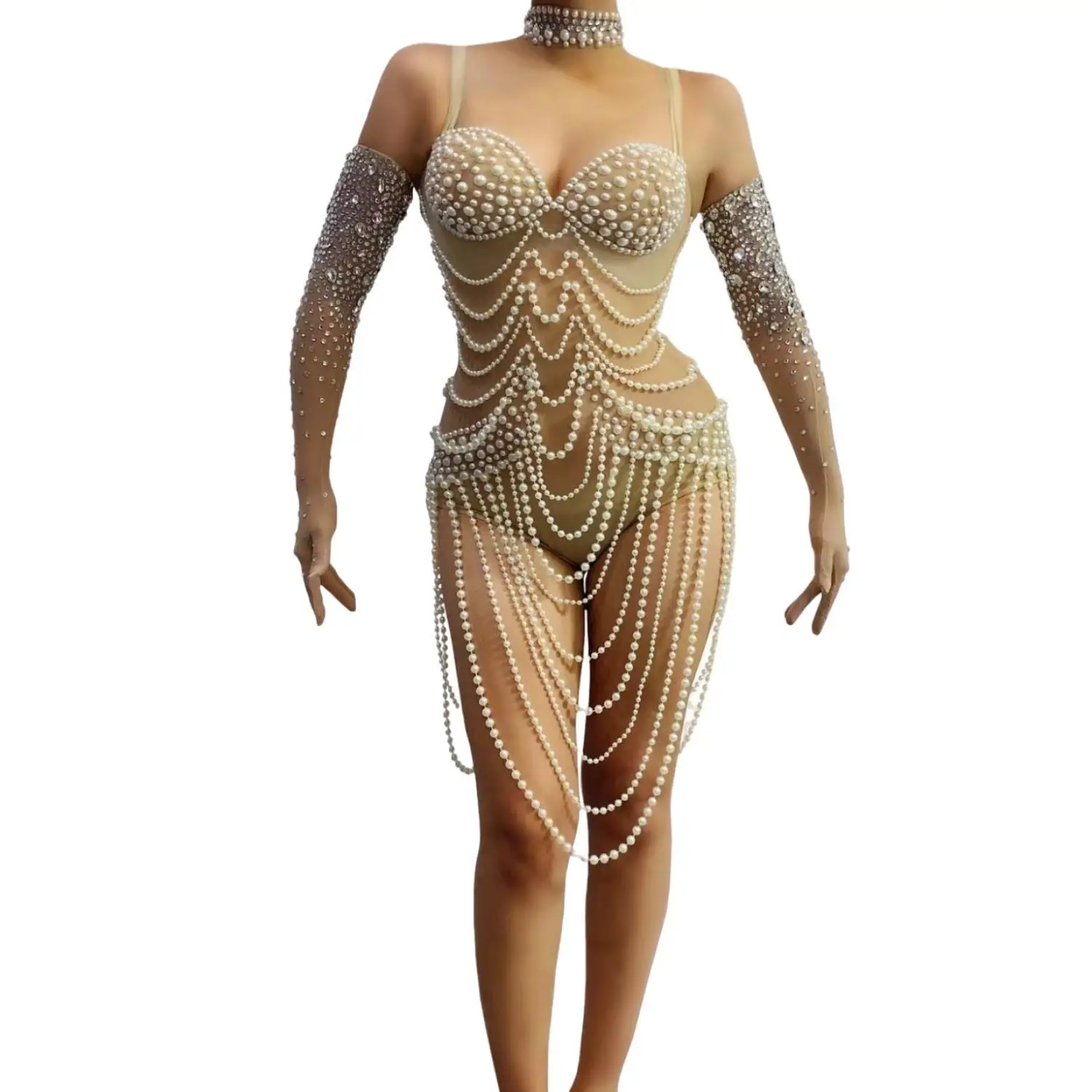 Saiban Women Pearl Fringe Rhinestone Bodysuit With Choker Long Arm Cuffs Nightclub Party Singer Stage Dance Costume
Saiban Women Pearl Fringe Rhinestone Bodysuit With Choker Long Arm Cuffs Nightclub Party Singer Stage Dance Costume