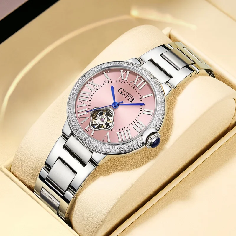 BONEST GATTI Lingyue series automatic mechanical watch with pink dial zircon bezel 3ATM waterproof luxury women wristwatch
BONEST GATTI Lingyue series automatic mechanical watch with pink dial zircon bezel 3ATM waterproof luxury women wristwatch