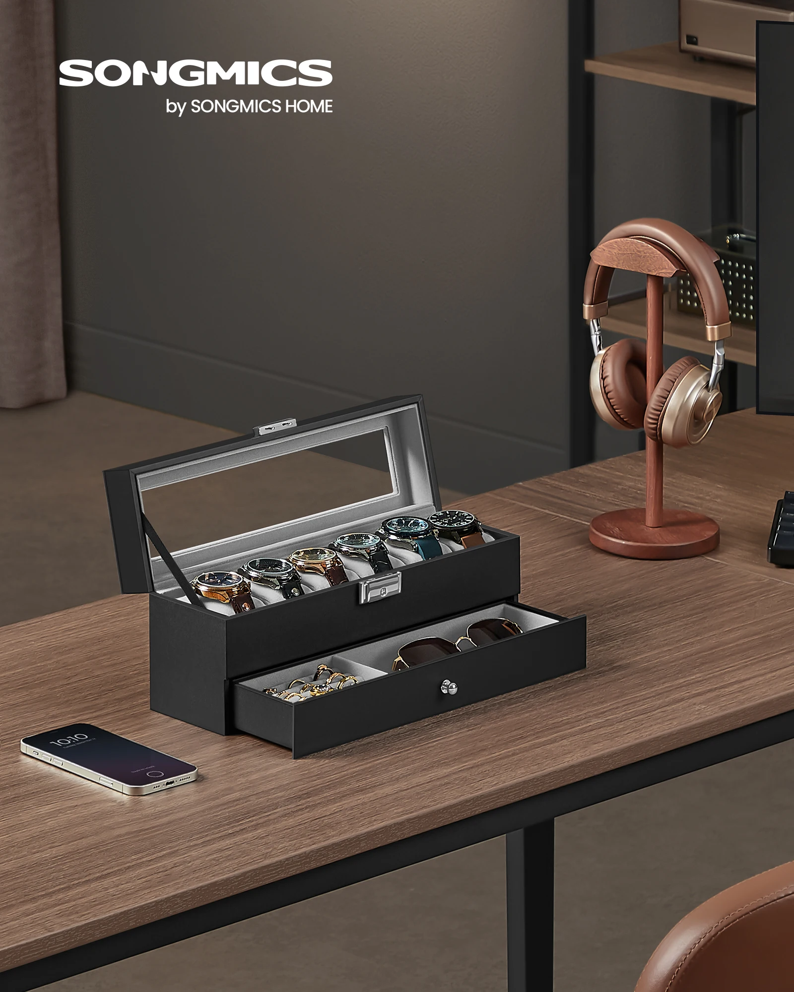 Коробка для часов SONGMICS на 6 слотов, запираемый футляр для часов со стеклянной крышкой, 2 уровня, с 1 выдвижным ящиком для колец, браслетов, идея для подарка
Коробка для часов SONGMICS на 6 слотов, запираемый футляр для часов со стеклянной крышкой, 2 уровня, с 1 выдвижным ящиком для колец, браслетов, идея для подарка