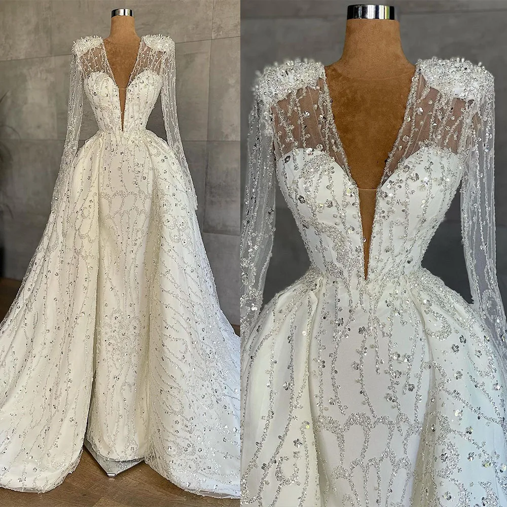 Luxury Mermaid Wedding Dresses Sexy V Neck Long Sleeve Bridal Gowns Lace Appliqued Sequins Tiered Vestido De Noiva
Luxury Mermaid Wedding Dresses Sexy V Neck Long Sleeve Bridal Gowns Lace Appliqued Sequins Tiered Vestido De Noiva