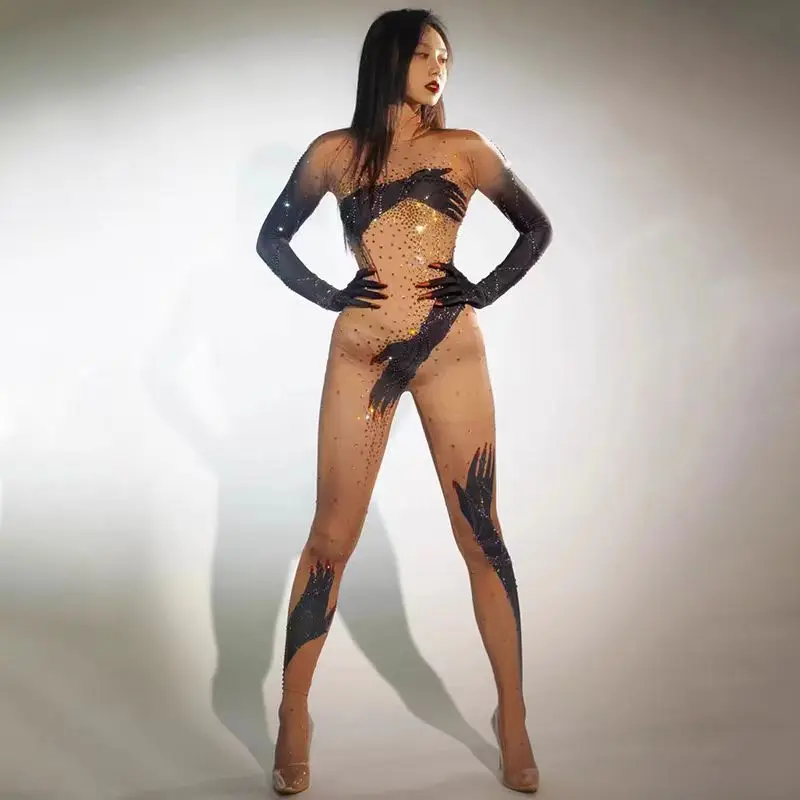 Women Printed Rhinestones Tight Jumpsuit Black Hand Gloves Nightclub Party Singer Dancer Performance Dance Costume Stage Wear
Women Printed Rhinestones Tight Jumpsuit Black Hand Gloves Nightclub Party Singer Dancer Performance Dance Costume Stage Wear