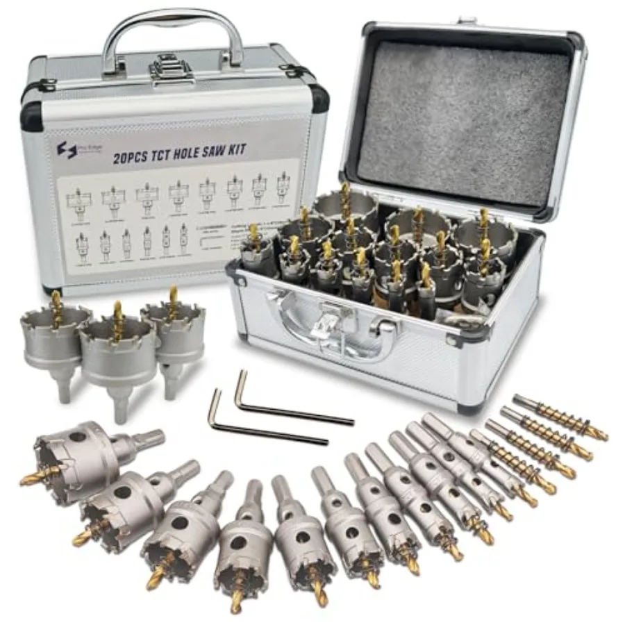 Pro Edge 20pcs Carbide Hole Saw Kit for Hard Metal TCT 1/2"-2-1/4" Hole Cutter Set for Stainless Steel Iron Alloy Aluminum with
Pro Edge 20pcs Carbide Hole Saw Kit for Hard Metal TCT 1/2"-2-1/4" Hole Cutter Set for Stainless Steel Iron Alloy Aluminum with