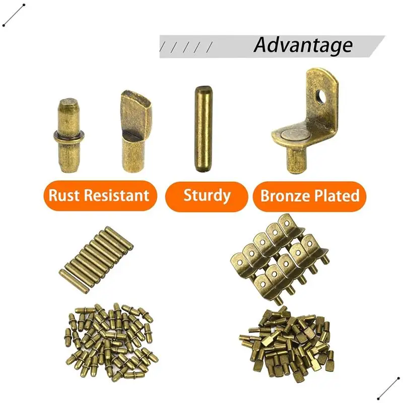 100Pcs Shelf Pegs For Shelves, 4 Styles Shelf Pins Kitchen Cabinet Shelf Pegs,Shelf Holders Pegs, Bookshelf Pegs Durable Bronze
100Pcs Shelf Pegs For Shelves, 4 Styles Shelf Pins Kitchen Cabinet Shelf Pegs,Shelf Holders Pegs, Bookshelf Pegs Durable Bronze