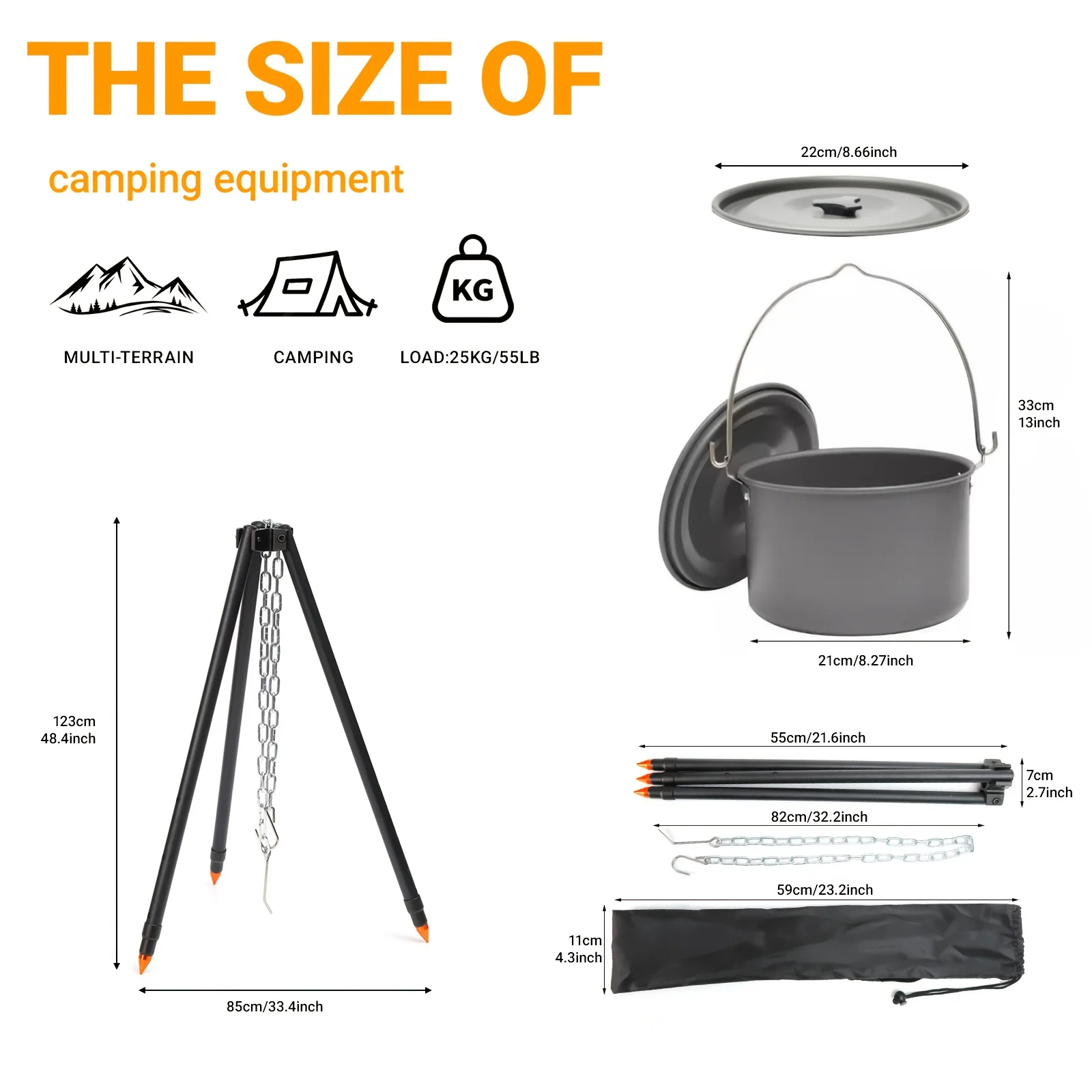 2-in-1 outdoor cooking system | Adjustable tripod+4L anti stick hanging pot | Five speed spring buckle adjustable tripod
2-in-1 outdoor cooking system | Adjustable tripod+4L anti stick hanging pot | Five speed spring buckle adjustable tripod