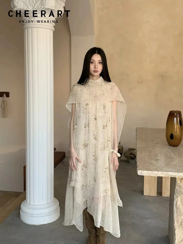 CHEERART Embroidery Floral Summer Tulle Dress For Woman Beige Sleeveless Long Loose See Through Flowy Dress Designer Fashion
CHEERART Embroidery Floral Summer Tulle Dress For Woman Beige Sleeveless Long Loose See Through Flowy Dress Designer Fashion