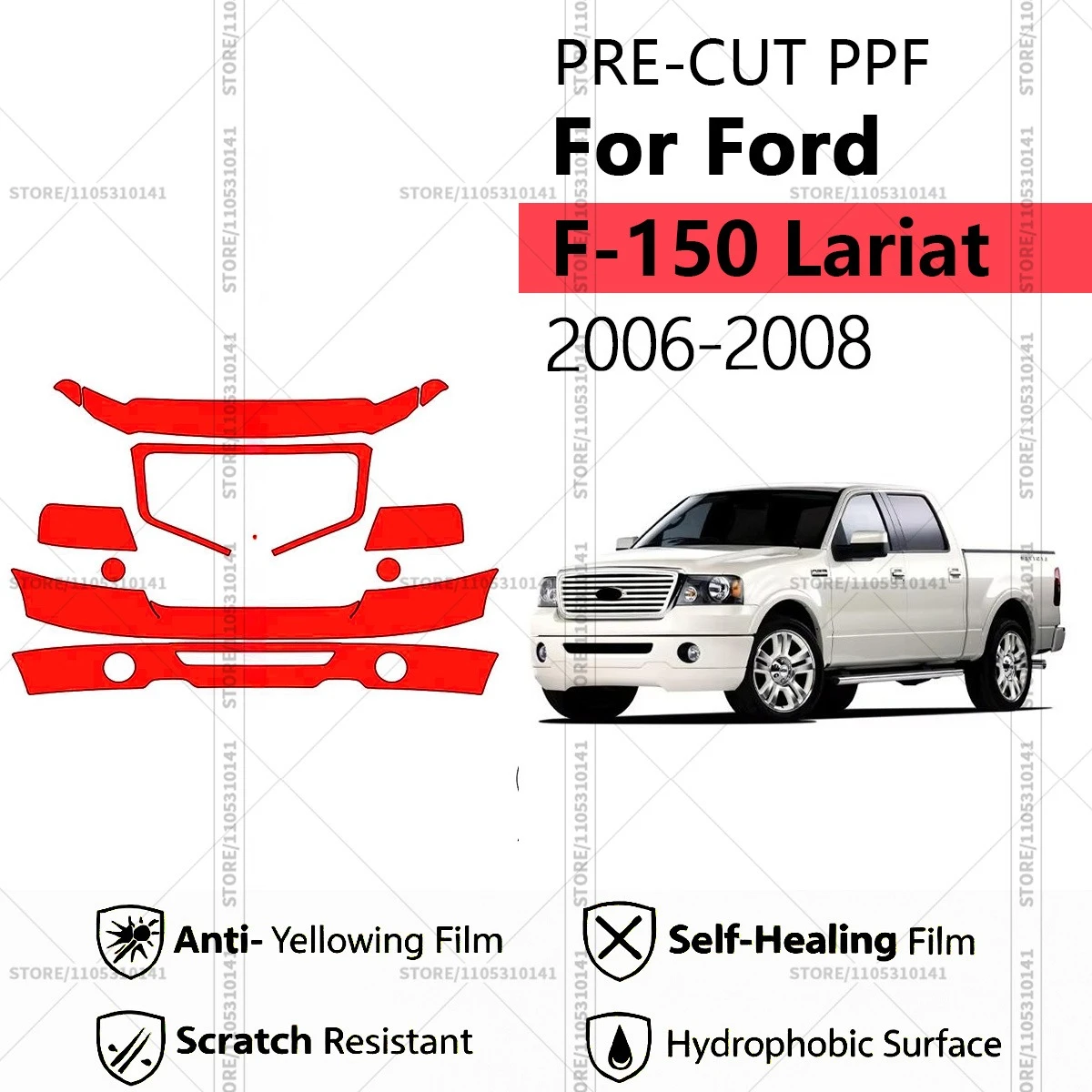 Для Ford F-150 Lariat 2006-2008: Предварительно вырезанная прозрачная защитная пленка (PPF) для автомобиля, профессиональный комплект PPF для передней части кузова
Для Ford F-150 Lariat 2006-2008: Предварительно вырезанная прозрачная защитная пленка (PPF) для автомобиля, профессиональный комплект PPF для передней части кузова