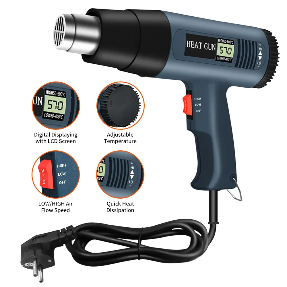 Power 2000W Fast Heating Variable Temperature Adjustable Two Air Flow Speed Heat Gun Hot Air Gun with LCD Digital Displaying
Power 2000W Fast Heating Variable Temperature Adjustable Two Air Flow Speed Heat Gun Hot Air Gun with LCD Digital Displaying