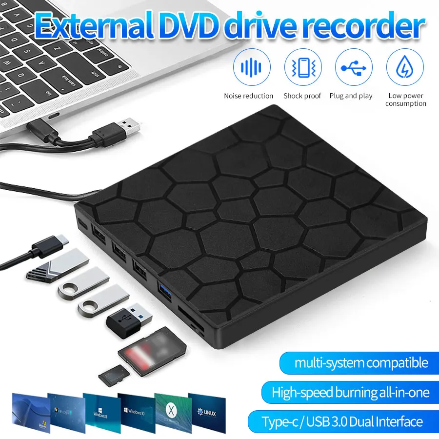 Portable DVD Player 7 in 1 External CD/DVD Drive USB 3.0 Type C CD Burner External Disk Drive for Desktop Mac Windows Linux
Portable DVD Player 7 in 1 External CD/DVD Drive USB 3.0 Type C CD Burner External Disk Drive for Desktop Mac Windows Linux