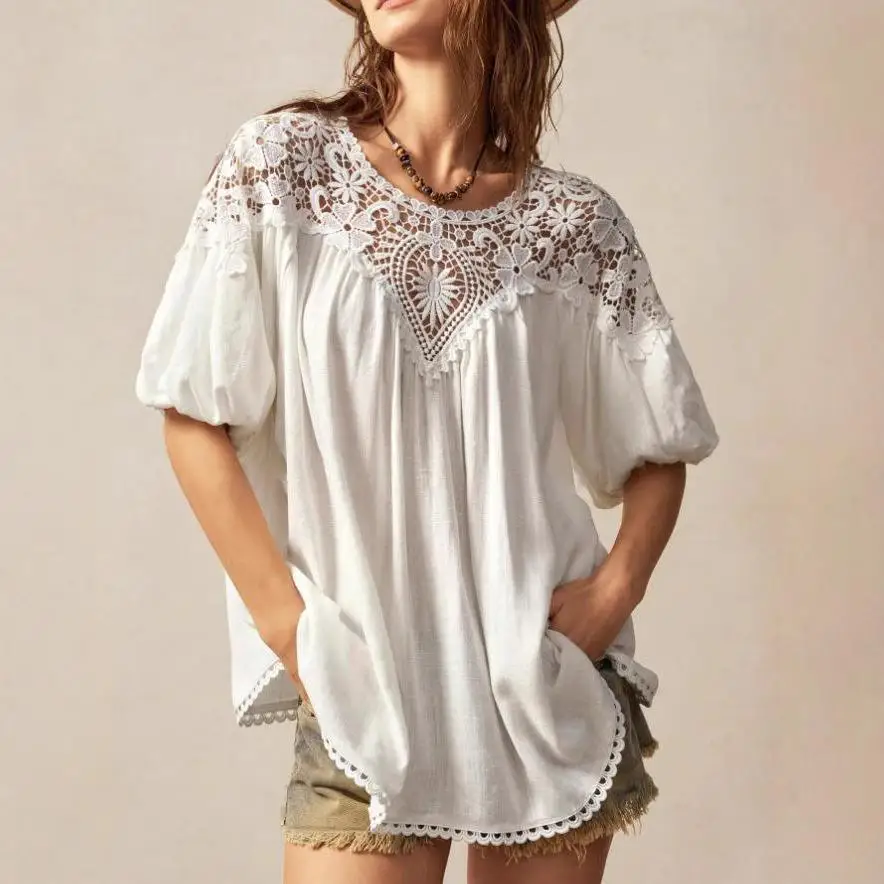 Lace Patchwork Short Sleeve Women's Shirt Casual Style Loose Fit Polyester Fabric Lantern Sleeve Pure Color Spring Season
Lace Patchwork Short Sleeve Women's Shirt Casual Style Loose Fit Polyester Fabric Lantern Sleeve Pure Color Spring Season