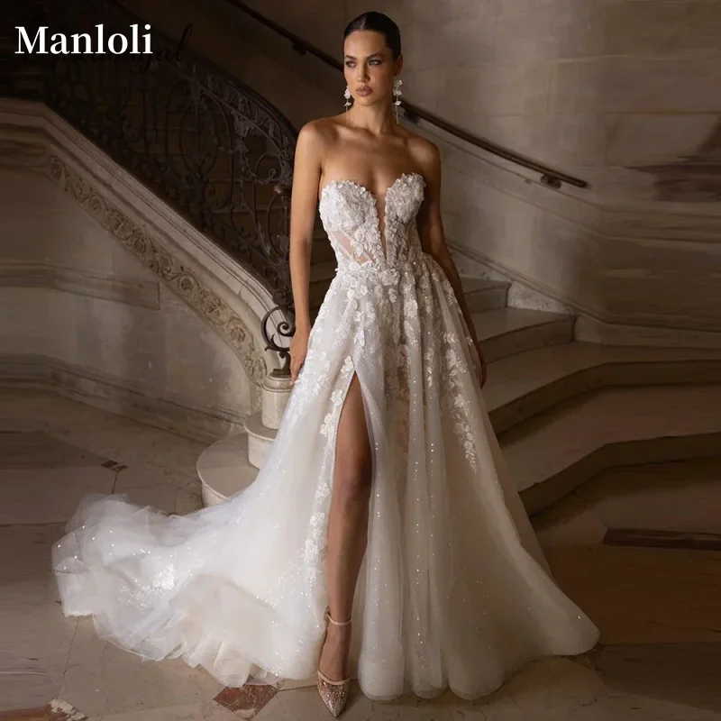 Charming Sweetheart Tulle A-line Wedding Dress Strapless 3D Decal High slit Bride Dress Romantic Beach Wedding Dress Customize
Charming Sweetheart Tulle A-line Wedding Dress Strapless 3D Decal High slit Bride Dress Romantic Beach Wedding Dress Customize