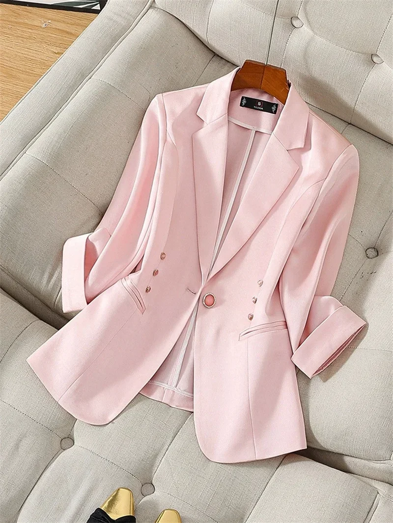 Pop Spring Summer Women Pink Suit Jacket Seven Quarter Sleeve Thin Blazers Female Casual Top Ladies Professional Office Coat
Pop Spring Summer Women Pink Suit Jacket Seven Quarter Sleeve Thin Blazers Female Casual Top Ladies Professional Office Coat