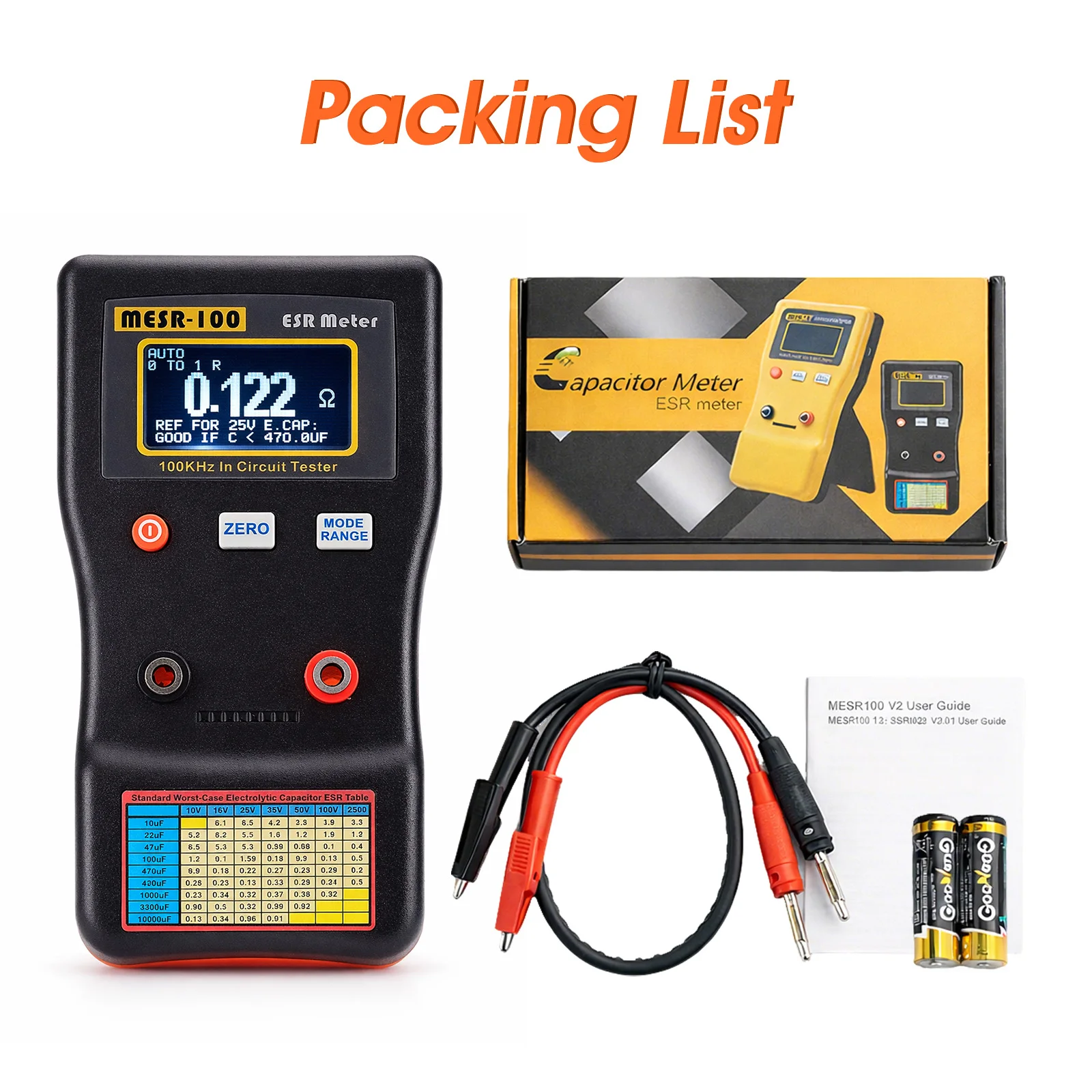 MESR100 V2 ESR Meter Capacitor Tester In Circuit Low Ohm Meter 0.001 to 100R 100kHz Sine Wave for TV LCD Audio Repair
MESR100 V2 ESR Meter Capacitor Tester In Circuit Low Ohm Meter 0.001 to 100R 100kHz Sine Wave for TV LCD Audio Repair