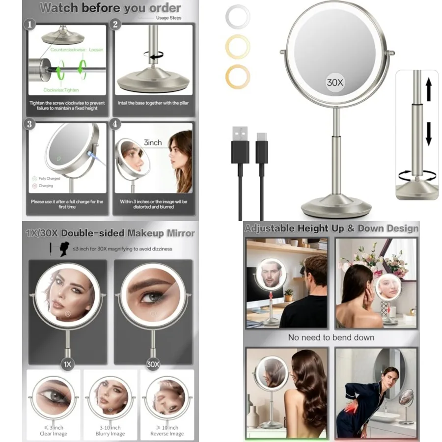 30X/1X Makeup Mirror with Lights, Height Adjustable Lighted Magnifying Vanity Mirror with 3 Lighting and Adjustable Brightness,
30X/1X Makeup Mirror with Lights, Height Adjustable Lighted Magnifying Vanity Mirror with 3 Lighting and Adjustable Brightness,