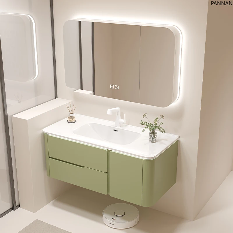 Avocado green bathroom cabinet combination Corian integrated basin bathroom simple washstand
Avocado green bathroom cabinet combination Corian integrated basin bathroom simple washstand